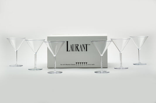 a set of 6 disposable martini glasses set next to their packaging eloquently