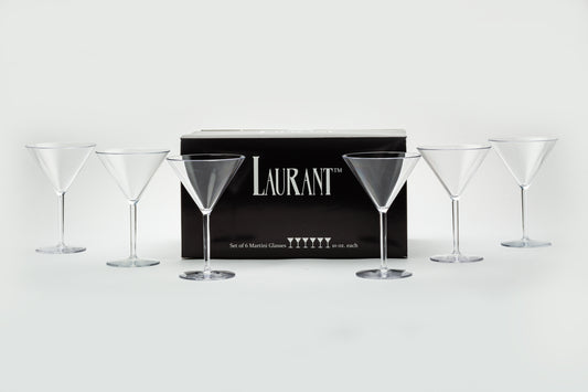 a set of 6 unbreakable plastic martini glasses set next to their packaging in a clean and direct way