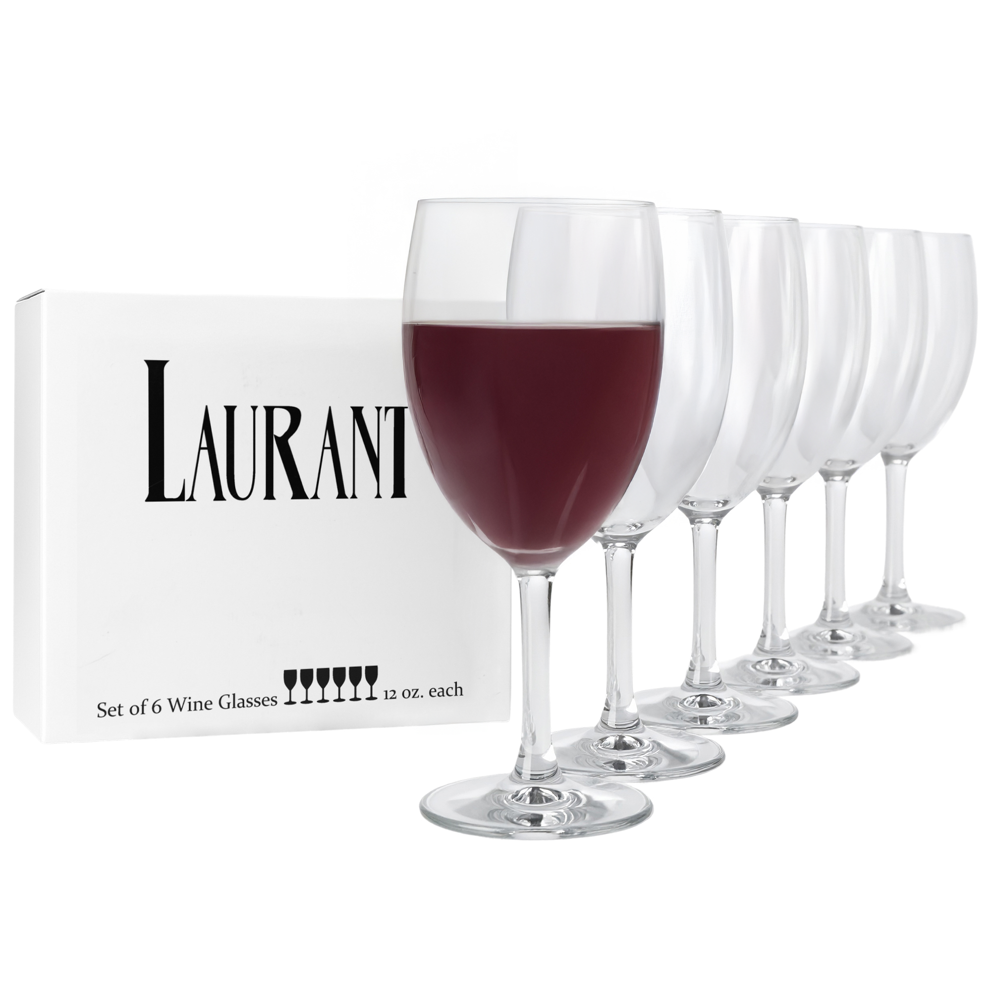 Set of six wine glasses with one filled with red wine, displayed in front of a Laurani branded box.