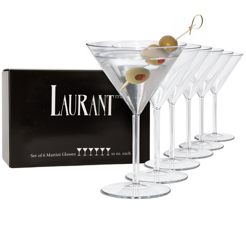 Set of six martini glasses with olives on a white background, featuring the brand 'Laurant'.