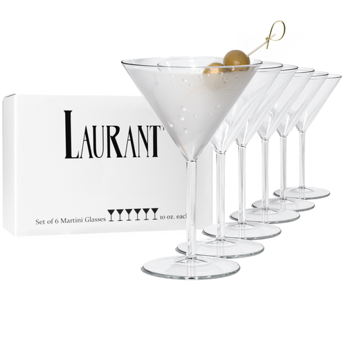 Set of six martini glasses with a box labeled 'Laurant' on a white background