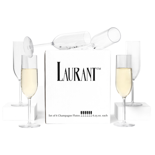 Laurant champagne flute set in clean white packaging, featuring polystyrene champagne flutes displayed with champagne in a minimalist studio composition