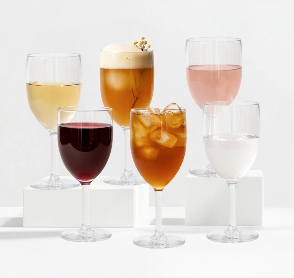 Set of Laurant wine glasses with different beverages displayed in a clean studio setting