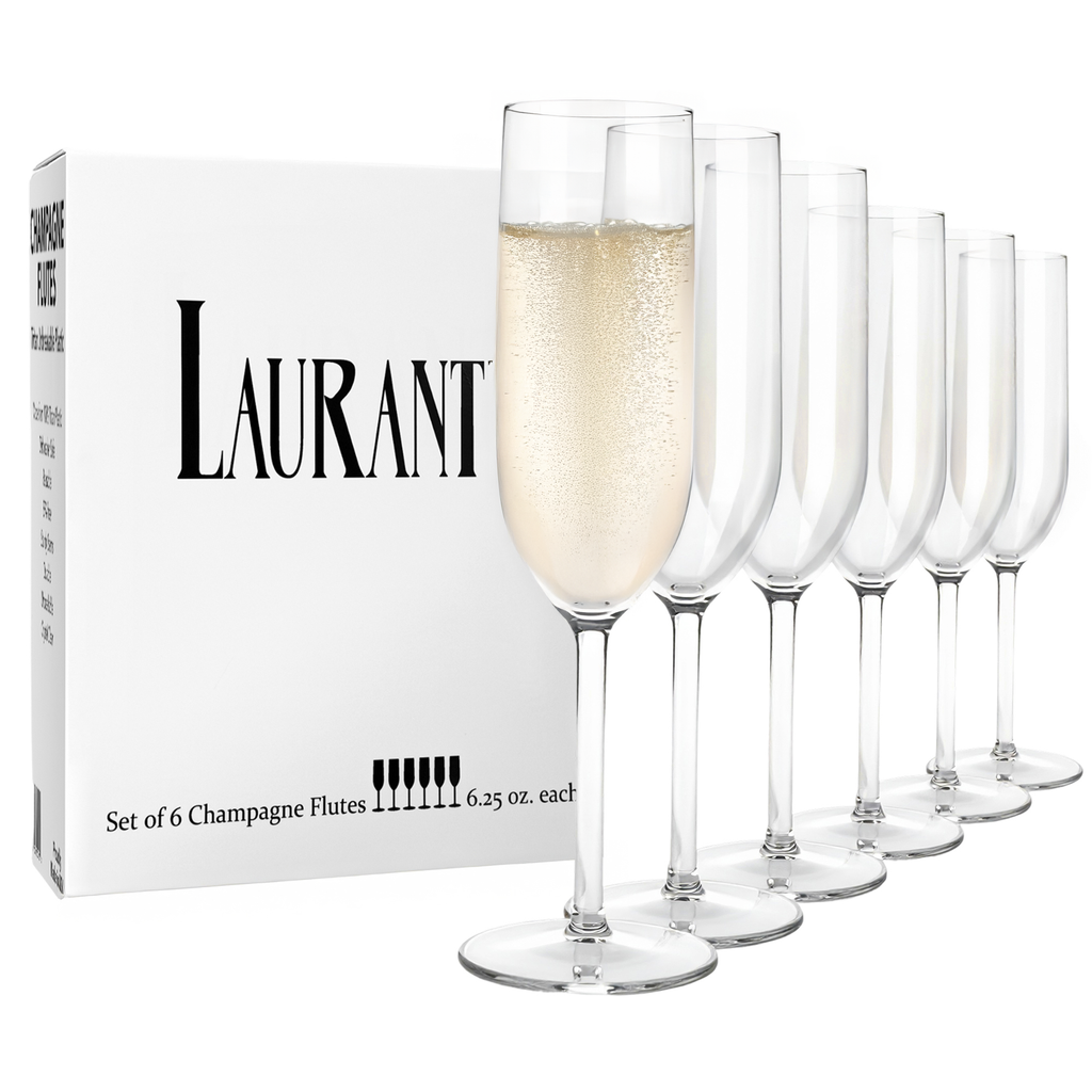 Set of 6 champagne flutes with a 'Laurant' branded box on a white background