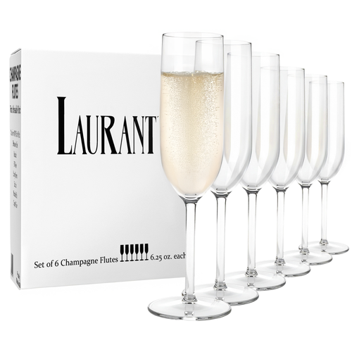Set of 6 champagne flutes with a 'Laurant' branded box on a white background