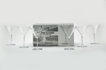 set of six martini glasses that are disposable, reusable, and great for the outdoors