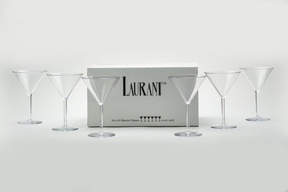 a set of 6 disposable martini glasses set next to their packaging eloquently