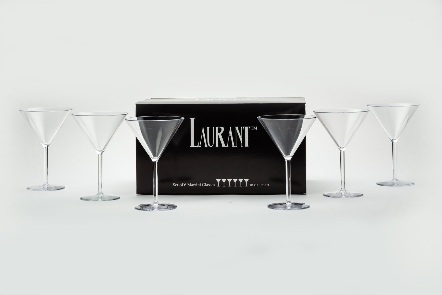 a set of 6 unbreakable plastic martini glasses set next to their packaging in a clean and direct way