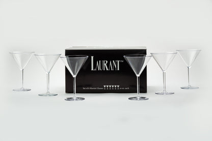 a set of 6 unbreakable plastic martini glasses set next to their packaging in a clean and direct way