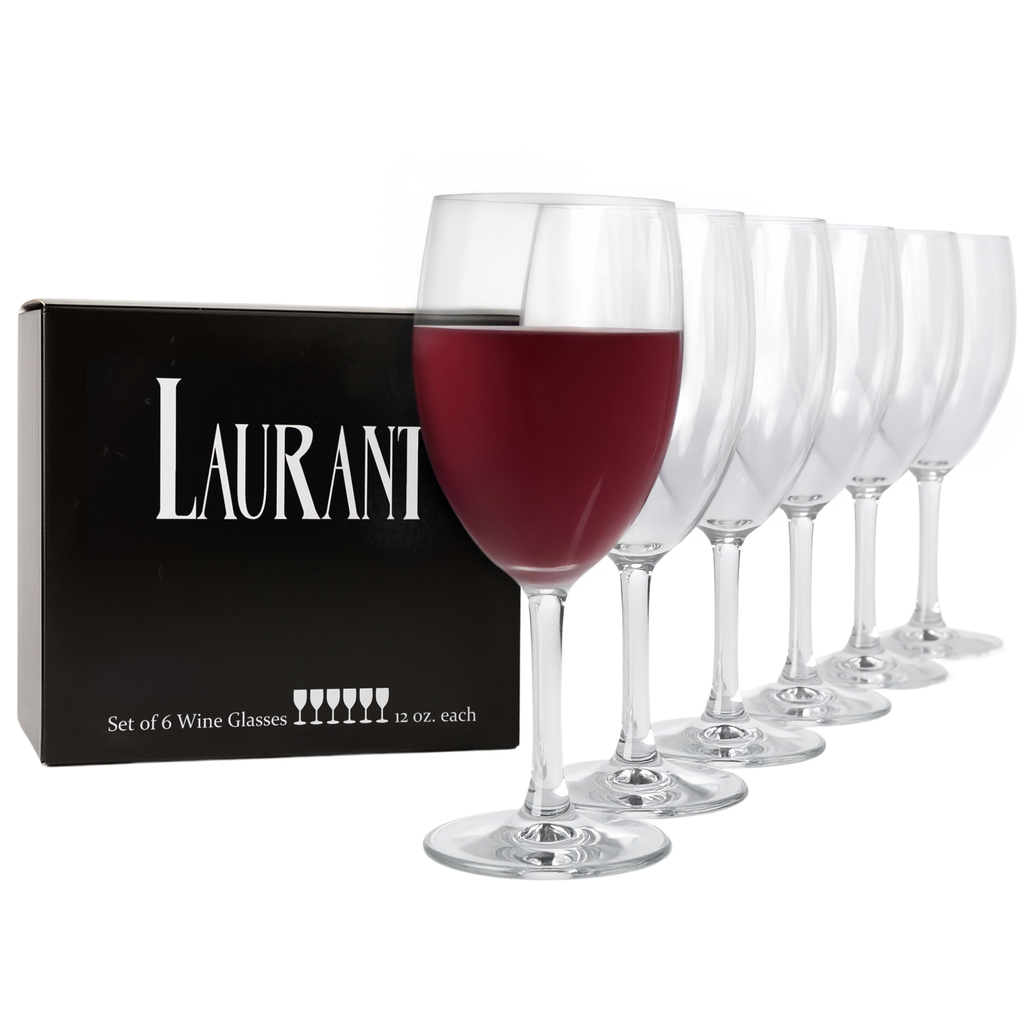 Set of six wine glasses with red wine, Laurani branding, on a white background