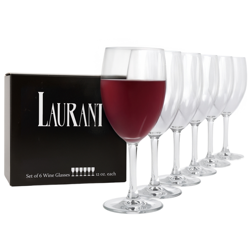 Set of six wine glasses with red wine, Laurani branding, on a white background
